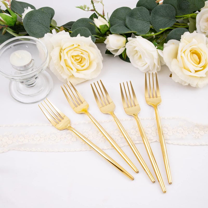 U-QE 180Pcs Gold Plastic Forks - 7.6 Inch Heavy Duty Plastic Forks  Heavyweight Gold Plastic Silverware Perfect For Parties & Weddings and Other Daily Events - Image 3