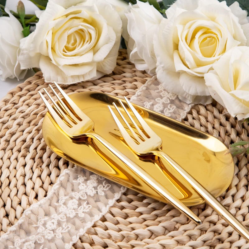 U-QE 180Pcs Gold Plastic Forks - 7.6 Inch Heavy Duty Plastic Forks  Heavyweight Gold Plastic Silverware Perfect For Parties & Weddings and Other Daily Events - Image 2