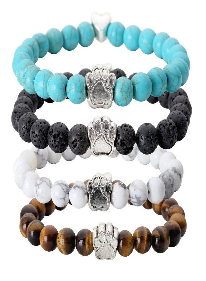Jovivi 4pc Vintage Lava/Turquoise/Tiger Eye Stone Healing Power Crystal Dog Paw Charm Elastic Stretch Beaded Bracelets - Image 1