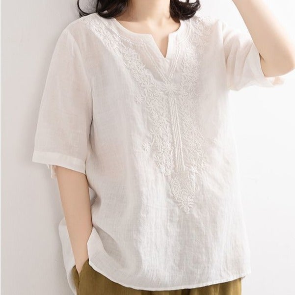Solid color short-sleeved T-shirt for women Summer 2024 New loose artistic temperament small shirt retro cotton and linen V-neck shirt fashion White Energy 321