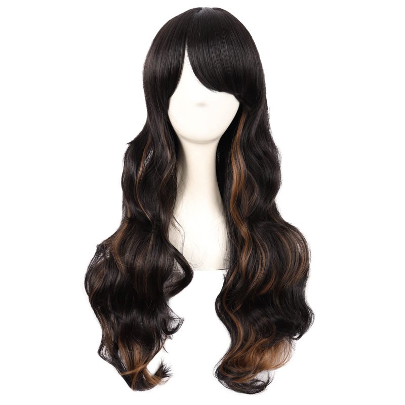 MapofBeauty MapofBeauty 28 Inch70 cm Charming Women Side Bangs Long Curly Full Hair Synthetic Wig Black Mixed Brown 