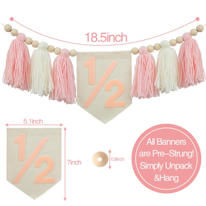 Ereniko Pink Tassels 1/2 Birthday Girl Decorations Half Way to One High Chair Banner Happy Half Birthday Banner 6 Months Decorations Girl Party Photoshoot Props - Image 2