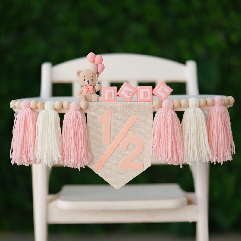 Ereniko Pink Tassels 1/2 Birthday Girl Decorations Half Way to One High Chair Banner Happy Half Birthday Banner 6 Months Decorations Girl Party Photoshoot Props - Image 1
