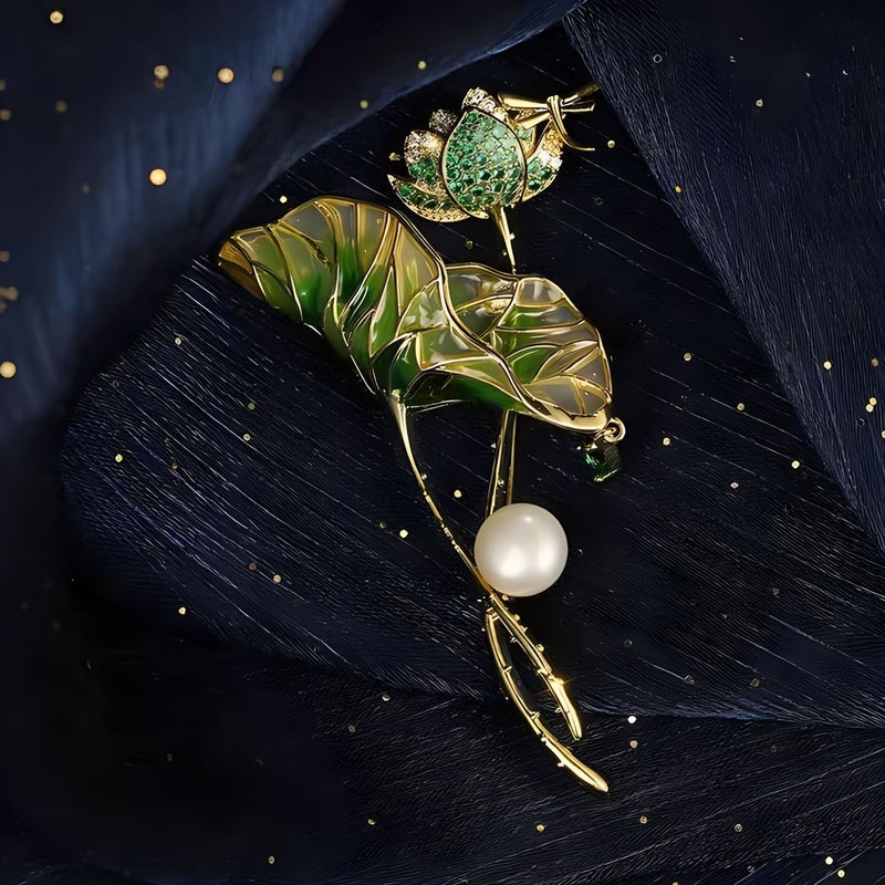 Lotus Enamel Pin Elegant Womens Accessory Lotus Pond Moonlight [Green]] 