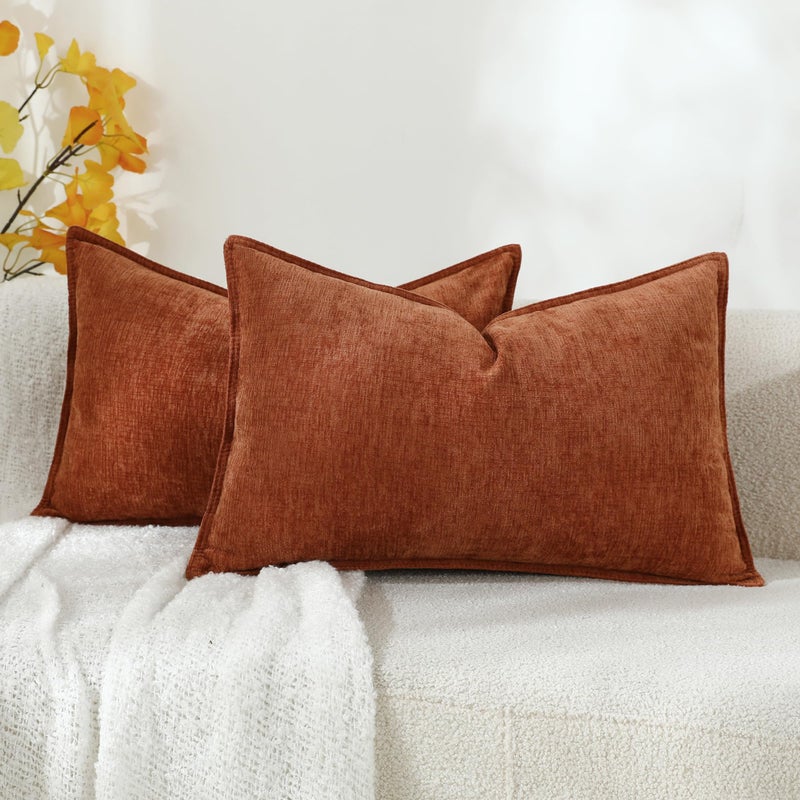 Stellhome Set of 2 Halloween Decorations Autumn Rust Pillow Covers Soft Textured Lumbar Chenille Accent Solid Cushion Cover for Couch Sofa Bedroom Living Room 12x20 Inch, Burnt Orange - Image 1