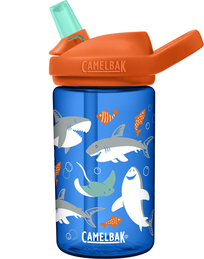 CAMELBAK زجاجة مياه للأطفال CamelBak eddy+ سعة 14 أونصة مع غطاء قش قابل للإغلاق ضد التسرب - تصميم أسماك القرش - Image 1