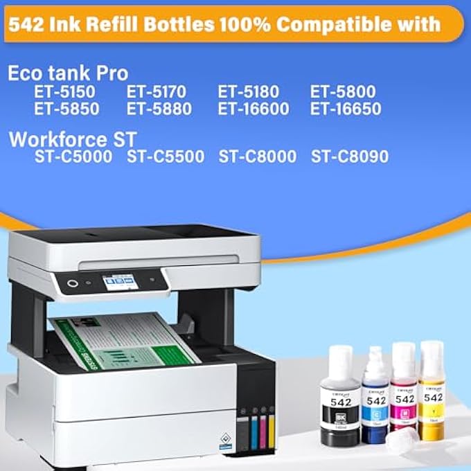 542 INK REFILL BOTTLES 4 PACK COMPATIBLE FOR EPSON ECOTANK ET-5850 ET-5150 ET-5800 ET-5180 ET-16600 ET-5170 ET-5880 ET-16650 ST-C8000 ST-C8090 PRINTER, T542 PIGMENT INK REFILL BOTTLES - Image 2