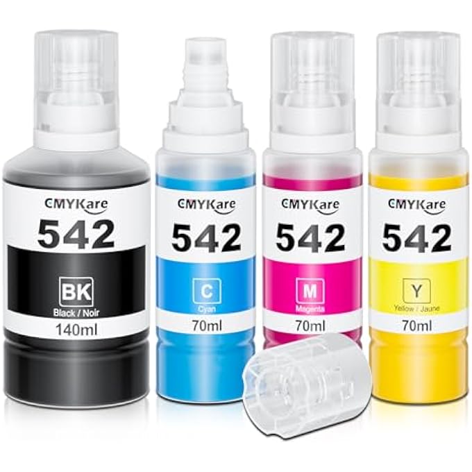 542 INK REFILL BOTTLES 4 PACK COMPATIBLE FOR EPSON ECOTANK ET-5850 ET-5150 ET-5800 ET-5180 ET-16600 ET-5170 ET-5880 ET-16650 ST-C8000 ST-C8090 PRINTER, T542 PIGMENT INK REFILL BOTTLES - Image 1