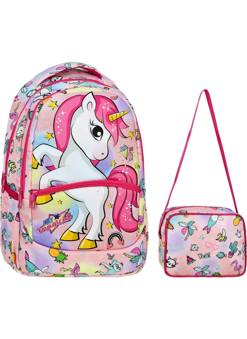 Çantaland Primary School Unicorn Patterned Girls Primary School Bag + Lunch Box