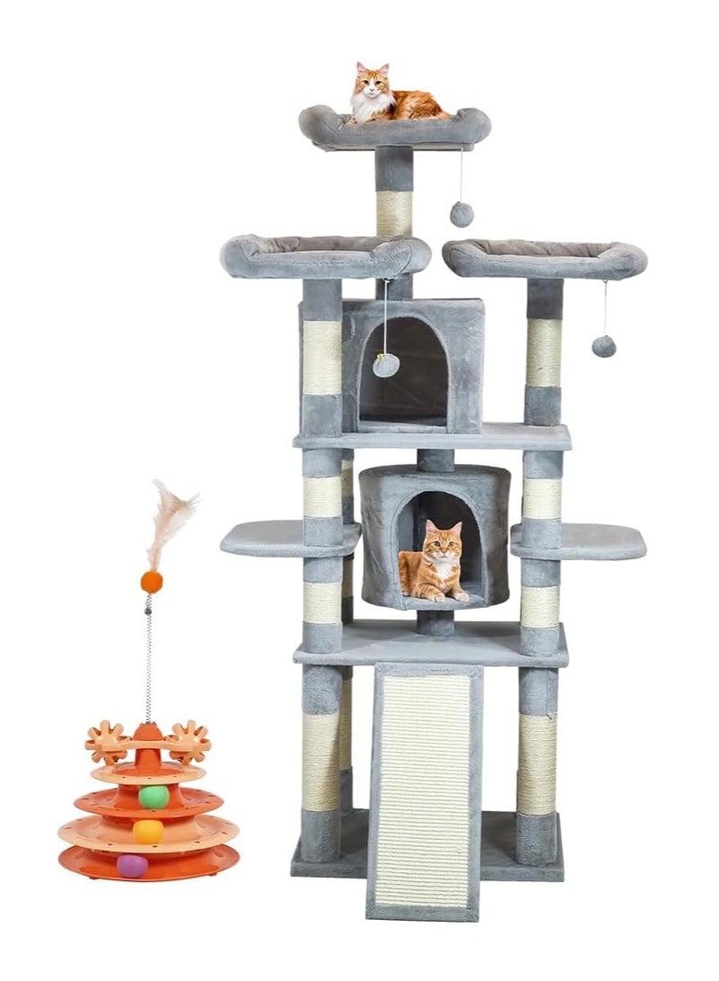 NNC PETS Cat tree tower with Multi-level layer, Dangling balls, Cozy condos, and Scratching ladder, Interactive cat playhouse with Turntable toy, Padded perches and Ideal for Indoor cats, 170 cm (Grey) - Image 1