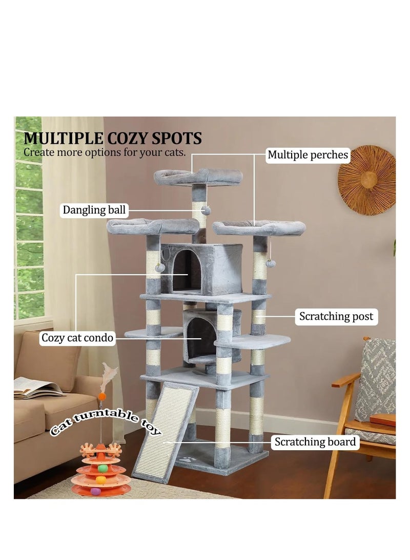 NNC PETS Cat tree tower with Multi-level layer, Dangling balls, Cozy condos, and Scratching ladder, Interactive cat playhouse with Turntable toy, Padded perches and Ideal for Indoor cats, 170 cm (Grey) - Image 5