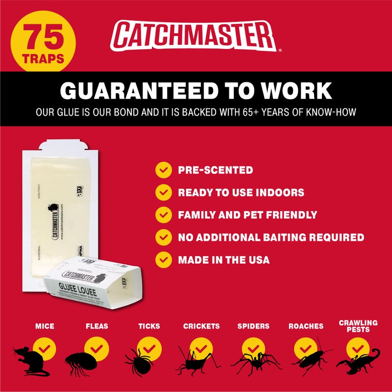 Catchmaster ألواح لاصقة للفئران والحشرات من كاتشماستر، عبوة 75 فخ للفئران داخل المنزل، لاصق للتحكم في الآفات لاصطياد الحشرات والفئران الصغيرة والقوارض، فخاخ لاصقة غير سامة بالجملة - Image 3