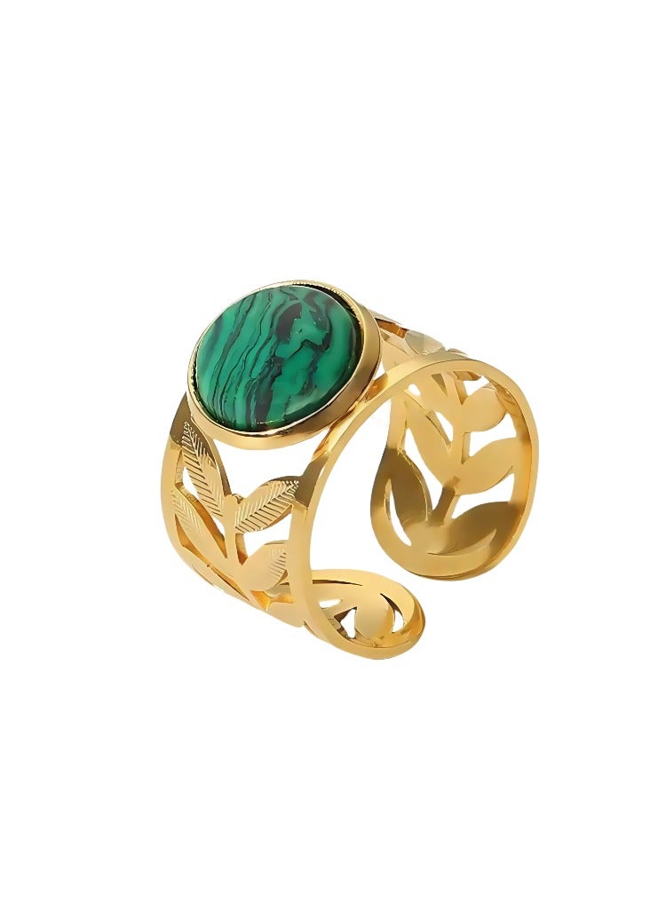 Regal Gold Leaf Ring ✨ Emerald-Striped Orb Center + Self-Adjusting Design - Hypoallergenic Steel Luxury Jewelry - Image 1