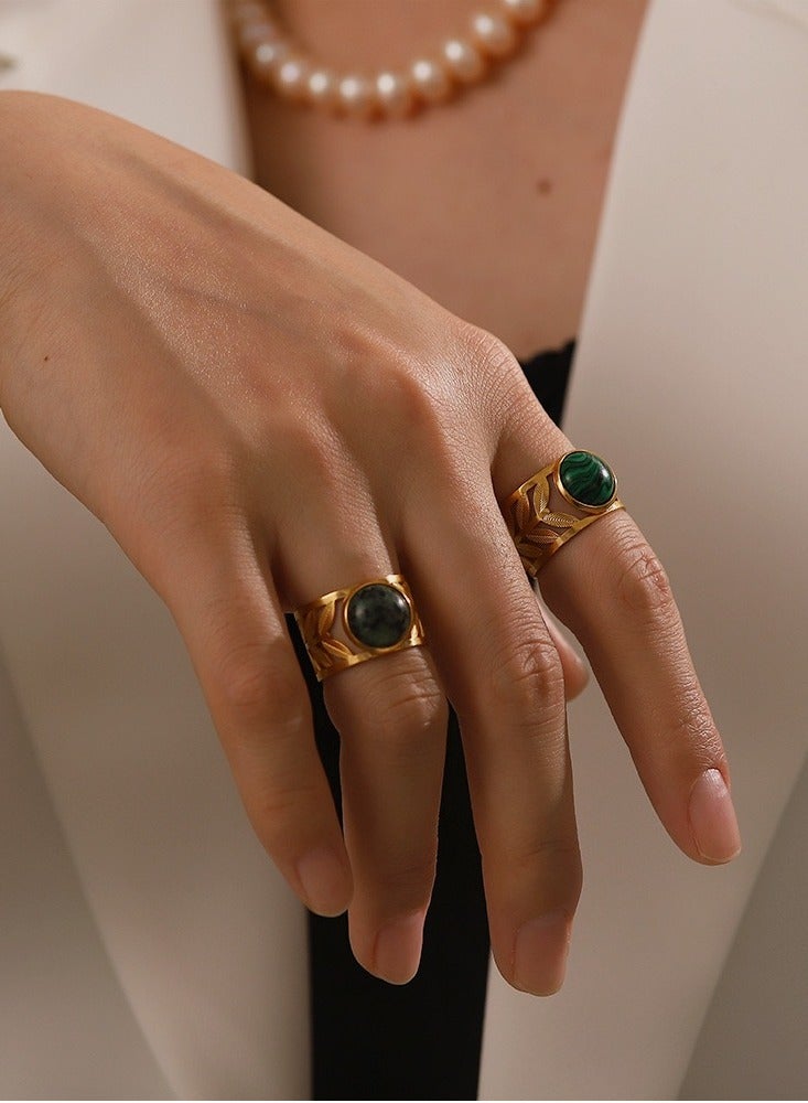 Regal Gold Leaf Ring ✨ Emerald-Striped Orb Center + Self-Adjusting Design - Hypoallergenic Steel Luxury Jewelry - Image 2