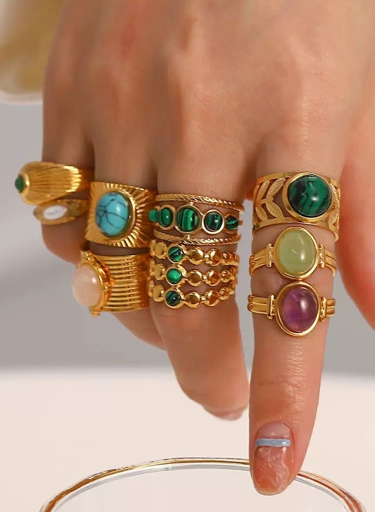Regal Gold Leaf Ring ✨ Emerald-Striped Orb Center + Self-Adjusting Design - Hypoallergenic Steel Luxury Jewelry - Image 4