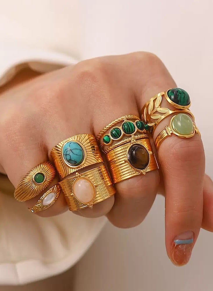 Regal Gold Leaf Ring ✨ Emerald-Striped Orb Center + Self-Adjusting Design - Hypoallergenic Steel Luxury Jewelry - Image 5