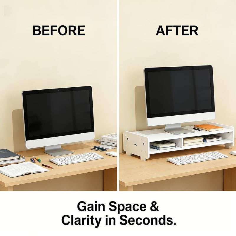 White Monitor Riser Desktop Storage Organizer Multifunctional Office Stand - Image 4