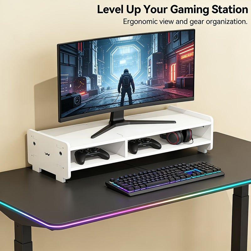 White Monitor Riser Desktop Storage Organizer Multifunctional Office Stand - Image 1