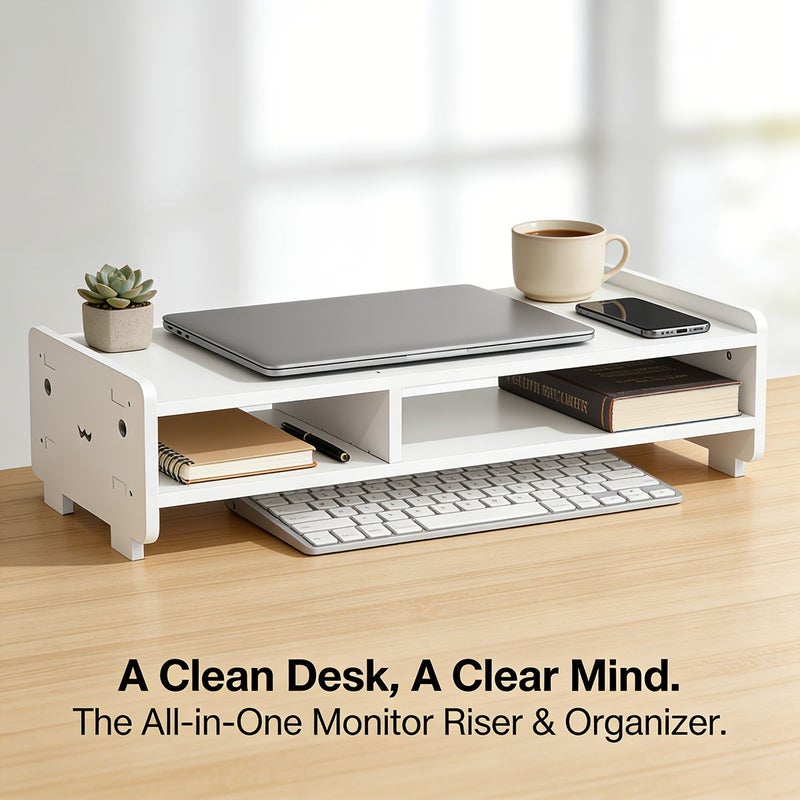 White Monitor Riser Desktop Storage Organizer Multifunctional Office Stand - Image 5
