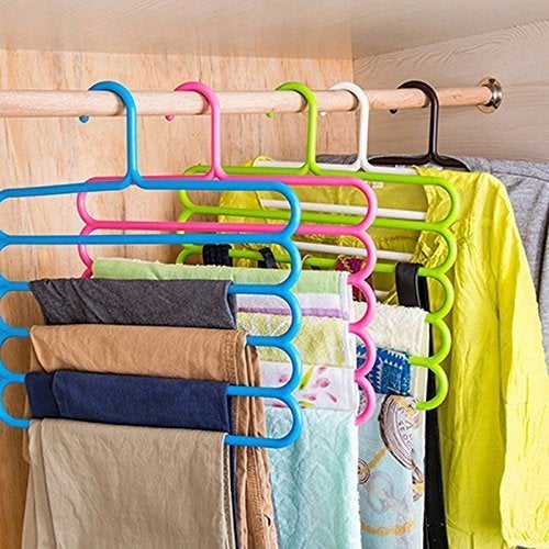 Inditradition 5 Layer Pant Cloth Hanger, Wardrobe Hanger | Space Saving Multi-Layer Design, Assorted Colour, Plastic (Pack of 8) - Image 1
