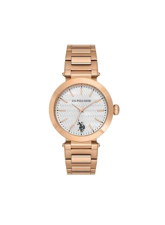 U.S. Polo Assn. Novelties Silver Dial Rose Gold Stainless Steel Bracelet Analog Watch for Women 34mm - Image 1