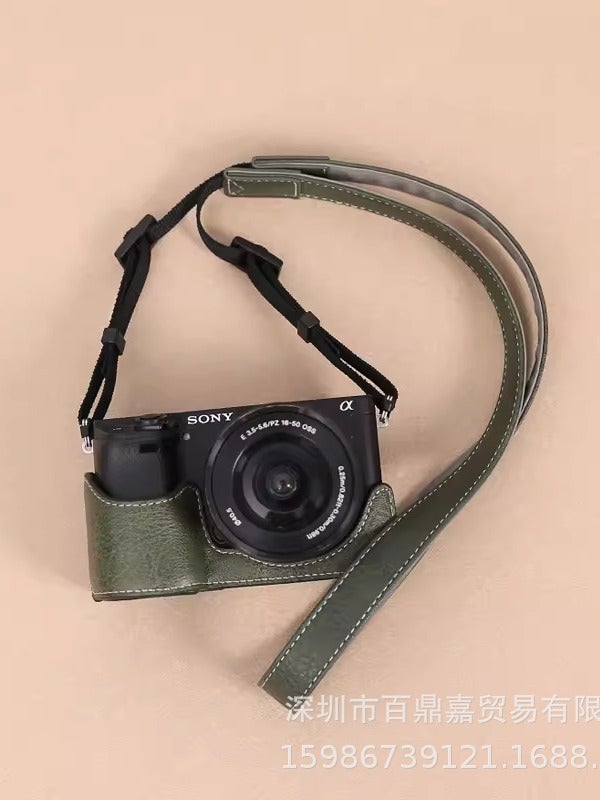 Sony A6400 Camera Leather Half Case Cover Green Shoulder Strap 