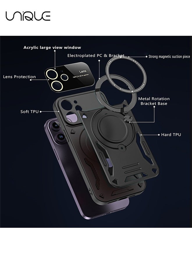 Unique - For iPhone 15 Pro Max Case, iPhone Built-in 360°Rotate Ring Stand Magnetic Magnet Protective Case - Shockproof Protective Case (Black) - Image 1