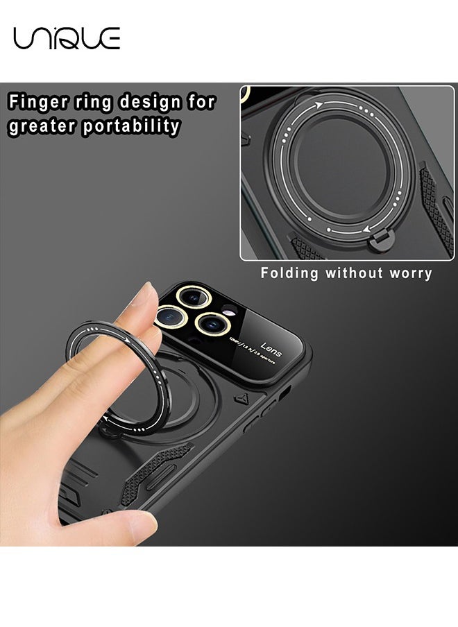 Unique - For iPhone 15 Pro Max Case, iPhone Built-in 360°Rotate Ring Stand Magnetic Magnet Protective Case - Shockproof Protective Case (Black) - Image 1