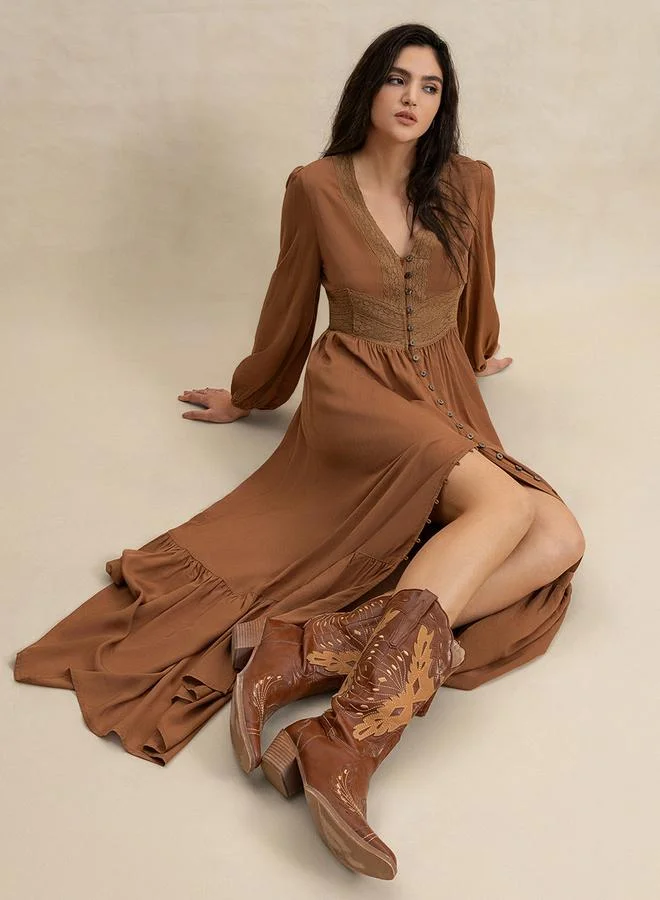Take Two Take Two Women Brown Maxi Dress with Button Loop