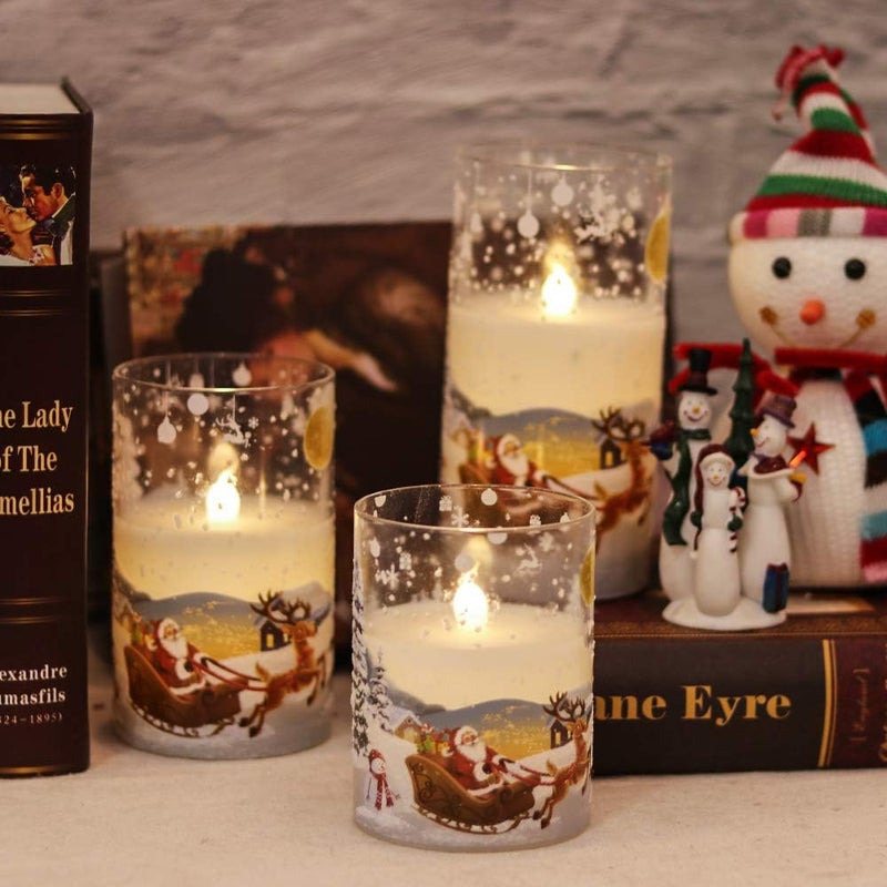DRomance Santa Claus Glass Flameless Candles Battery Operated Remote and Timer Real Wax LED Flickering Pillar Candles White Cold Light Window Christmas Holiday Decor D3 x H4, 5", 6" - Image 2
