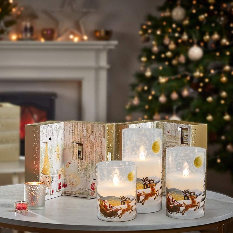 DRomance Santa Claus Glass Flameless Candles Battery Operated Remote and Timer Real Wax LED Flickering Pillar Candles White Cold Light Window Christmas Holiday Decor D3 x H4, 5", 6" - Image 5