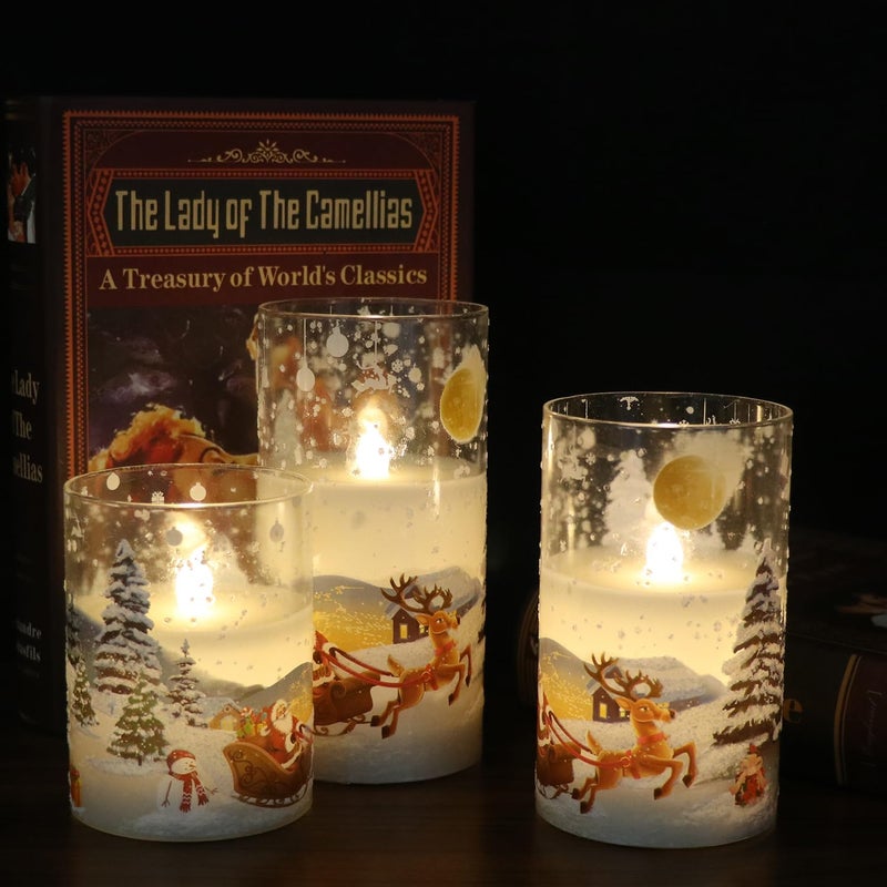 DRomance Santa Claus Glass Flameless Candles Battery Operated Remote and Timer Real Wax LED Flickering Pillar Candles White Cold Light Window Christmas Holiday Decor D3 x H4, 5", 6" - Image 3