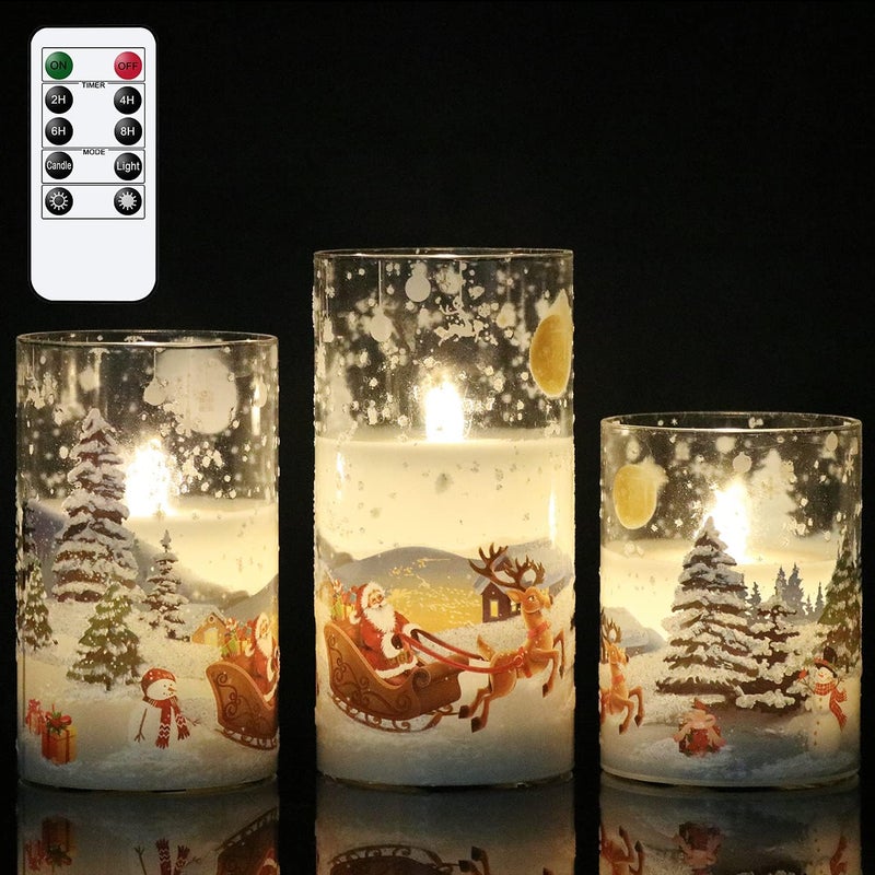 DRomance Santa Claus Glass Flameless Candles Battery Operated Remote and Timer Real Wax LED Flickering Pillar Candles White Cold Light Window Christmas Holiday Decor D3 x H4, 5", 6" - Image 1