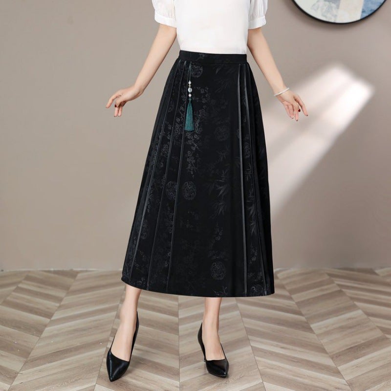 Mothers New Chinese Jacquard Skirt Womens 2024 Summer New Retro National Style Black Horse Face Skirt Black 