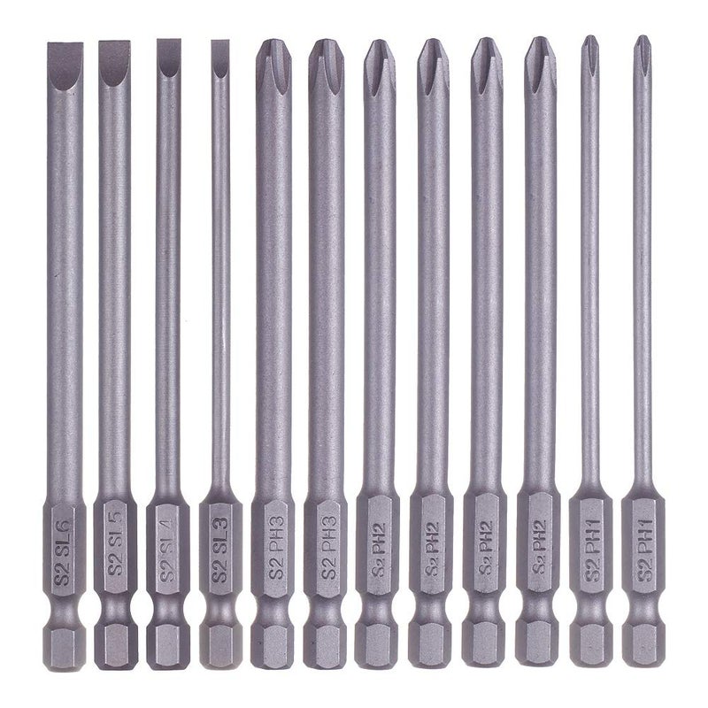 Rocaris 12 Pack 1/4 Inch Hex Shank Long Magnetic Screwdriver Bits Set 4 in Power Tools (Slotted+Cross Head) - Image 1