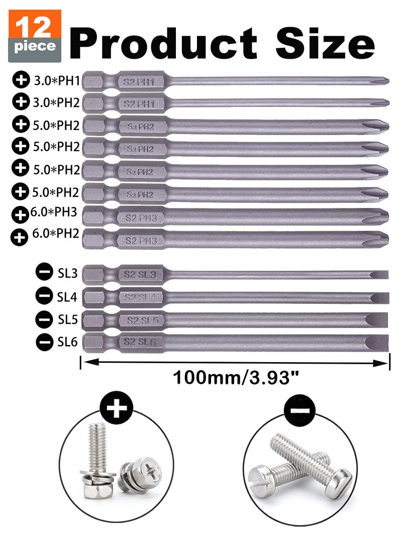 Rocaris 12 Pack 1/4 Inch Hex Shank Long Magnetic Screwdriver Bits Set 4 in Power Tools (Slotted+Cross Head) - Image 2