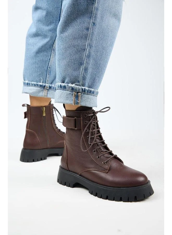 Adel Women's Genuine Leather Lace-up Inside Zippered Kayu Coffee Boot.