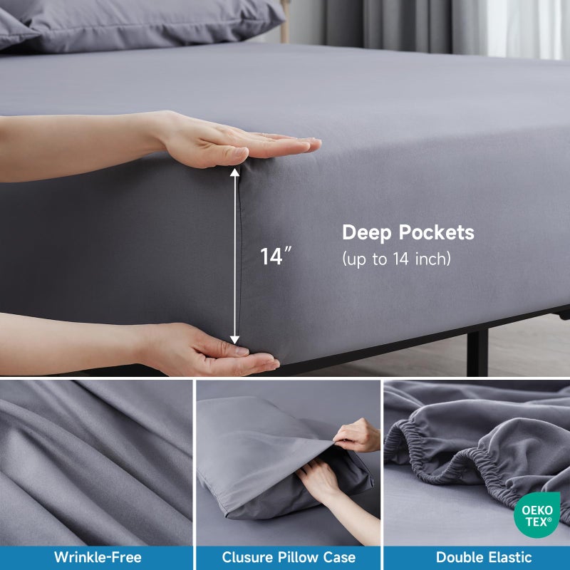 Z-hom Z-hom Queen Bed Sheets Set Cooling Sheets Upgraded Deep Pocket Comfy Breathable  Hotel Luxury Bedding Sheets & Pillowcases  Extra Soft & Wrinkle Free Sheets Cover  Queen Sheets up to 16 inch Darkgrey  - Image 5