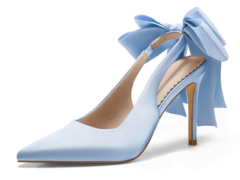 Coutgo Womens Slingback High Heels with Bow Closed Pointed Toe Wedding Bride Dress Shoes Satin Pumps, Blue, Size 8 - Image 1