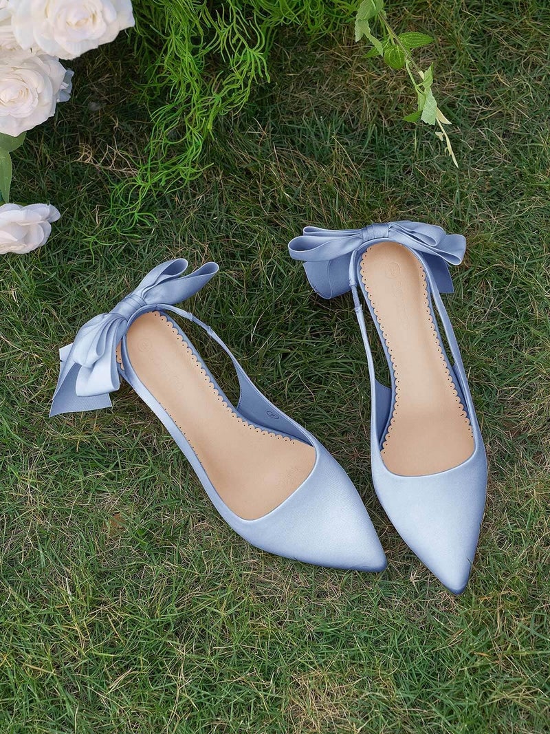 Coutgo Womens Slingback High Heels with Bow Closed Pointed Toe Wedding Bride Dress Shoes Satin Pumps, Blue, Size 8 - Image 3