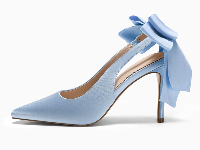 Coutgo Womens Slingback High Heels with Bow Closed Pointed Toe Wedding Bride Dress Shoes Satin Pumps, Blue, Size 8 - Image 4