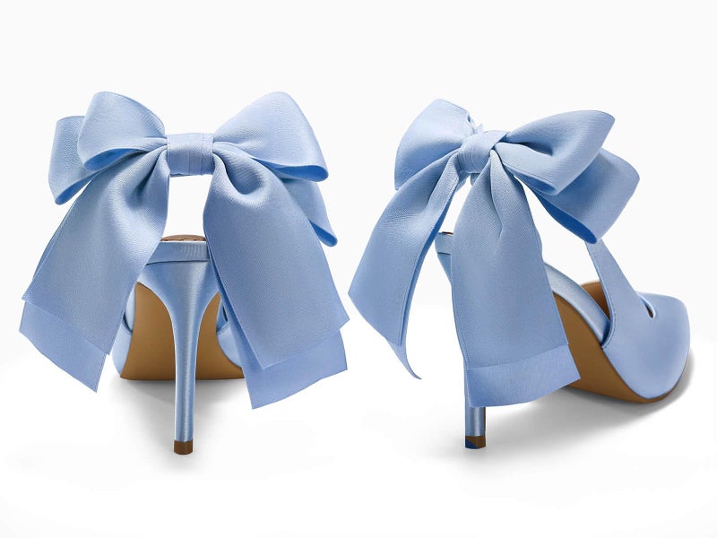 Coutgo Womens Slingback High Heels with Bow Closed Pointed Toe Wedding Bride Dress Shoes Satin Pumps, Blue, Size 8 - Image 5