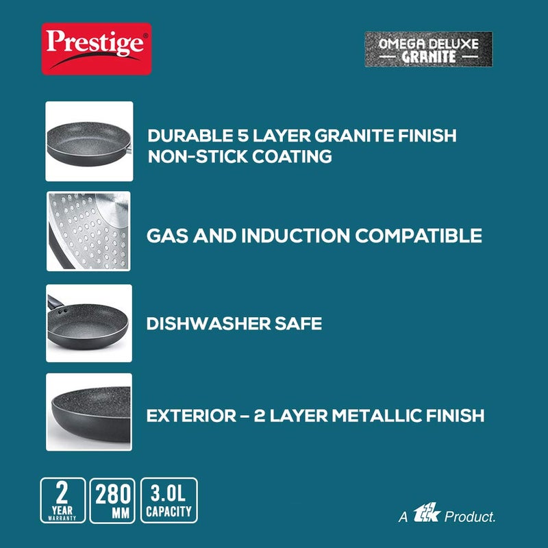 Prestige Aluminium Omega Deluxe Granite Fry Pan with Lid, 28 cm, Black (3 litres) - Image 4