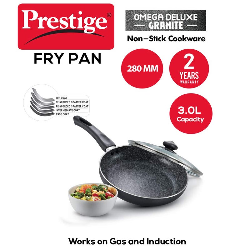 Prestige Aluminium Omega Deluxe Granite Fry Pan with Lid, 28 cm, Black (3 litres) - Image 2