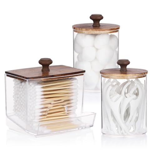 Tbestmax Qtips Holder Bathroom Container, 10oz Big Qtips Dispenser Cotton Ball Holder, Clear Plastic Apothecary Jar Organizer for Storage Cotton Swab, Cotton Round Pads, Floss Picks - Image 1