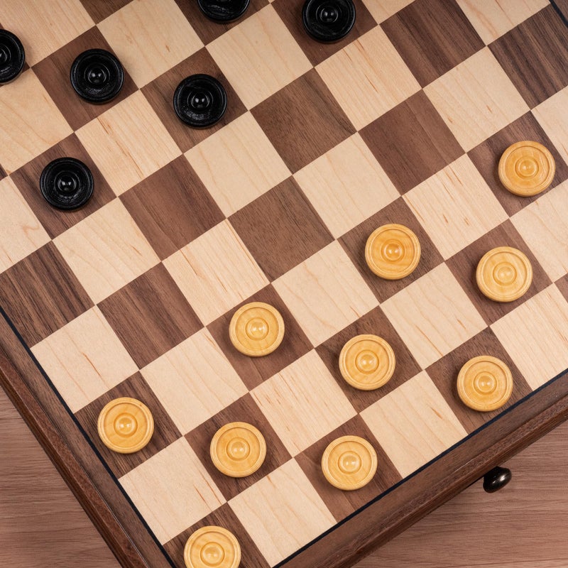 A&A 15 inch Walnut Wooden Chess Set with Storage Drawer, Triple Weighted Pieces, 3.0 inch King Height, Walnut & Maple Inlay, 2 Extra Queen, Classic 2 in 1 Chess and Checkers Board Game - Image 5