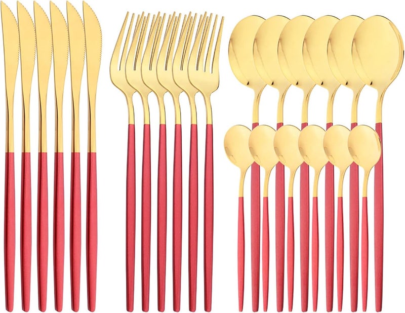 snplowum Mirror Cutlery Serving Set 24piece 180 Stainless Steel Silverware With Red Handle Simple  Modern Tableware For Home Party Restaurant Christmas Dinner Service For 6 Red Gold - Image 1