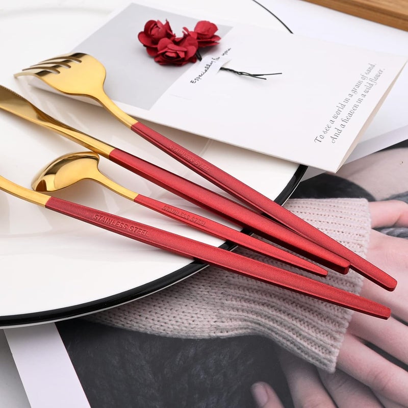 snplowum Mirror Cutlery Serving Set 24piece 180 Stainless Steel Silverware With Red Handle Simple  Modern Tableware For Home Party Restaurant Christmas Dinner Service For 6 Red Gold - Image 4