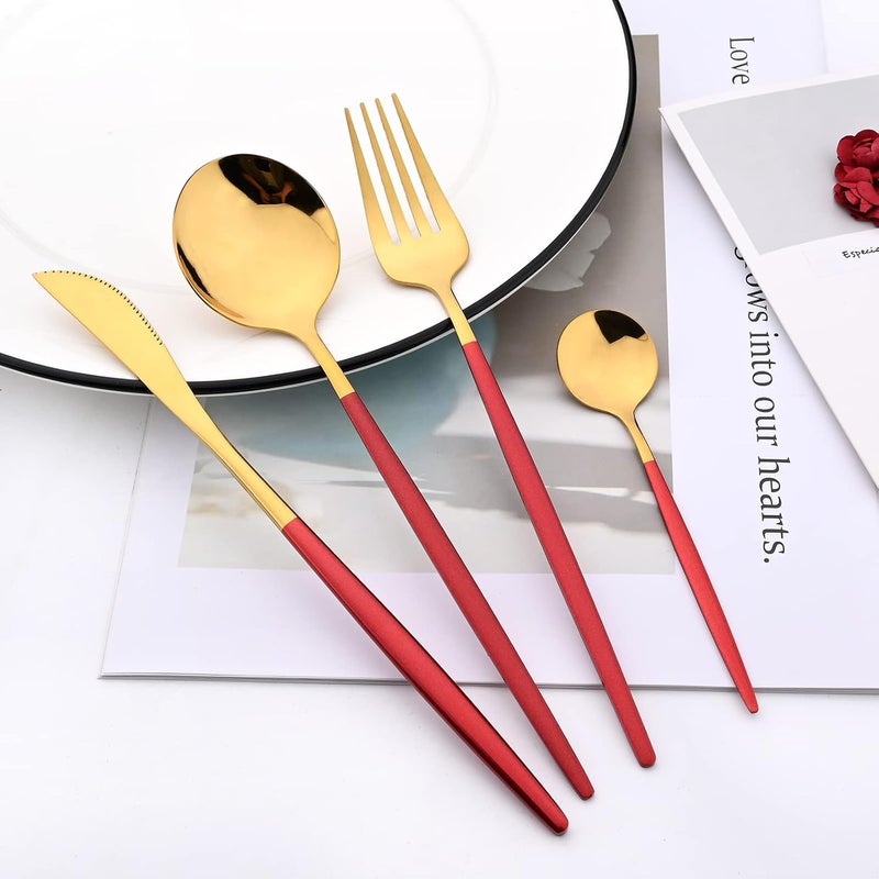 snplowum Mirror Cutlery Serving Set 24piece 180 Stainless Steel Silverware With Red Handle Simple  Modern Tableware For Home Party Restaurant Christmas Dinner Service For 6 Red Gold - Image 5