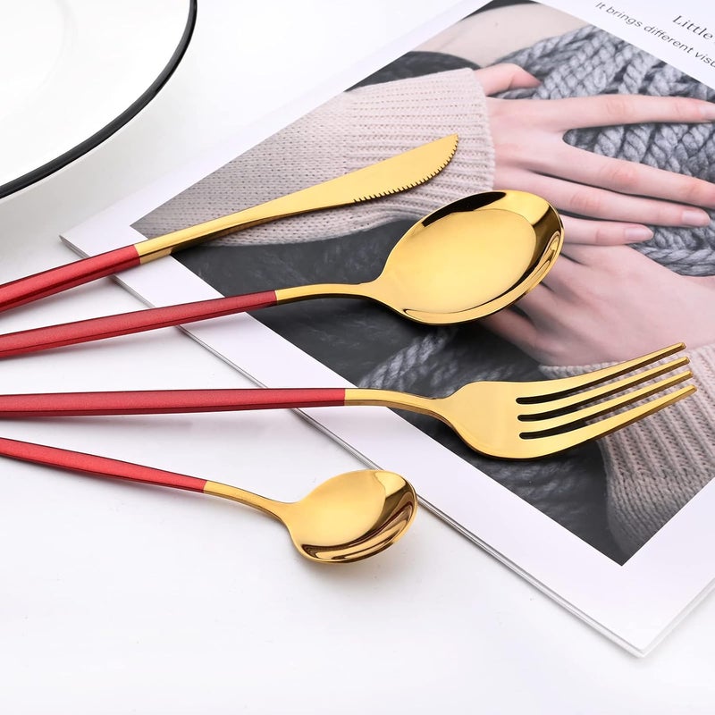 snplowum Mirror Cutlery Serving Set 24piece 180 Stainless Steel Silverware With Red Handle Simple  Modern Tableware For Home Party Restaurant Christmas Dinner Service For 6 Red Gold - Image 2